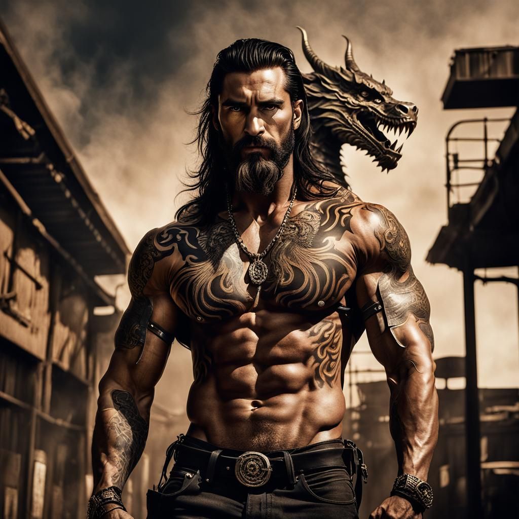 Muscular Man with Dragon Tattoo in Sepia Tones