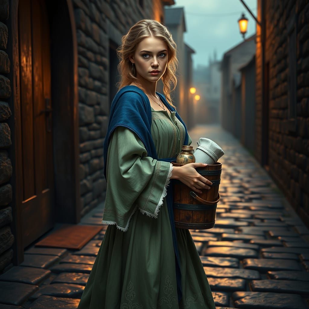Medieval Woman Steps Out into Dawn City Streets