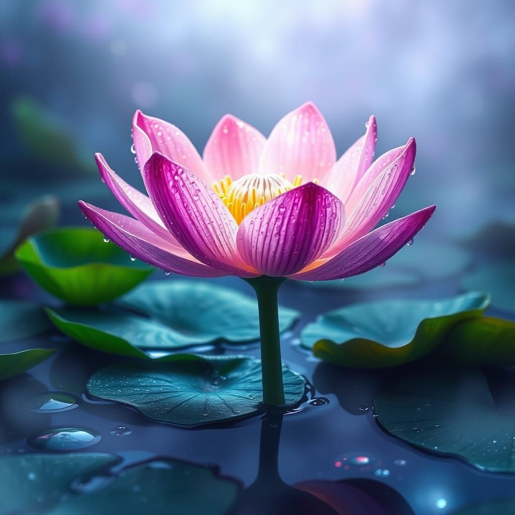 Luminous Water Lily with Dewdrops: Hyperrealistic Matte Pain...