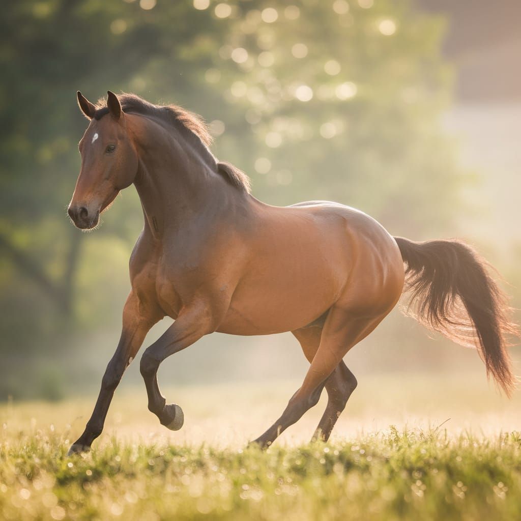 Majestic Horse Gallops Through Sunlit Meadow