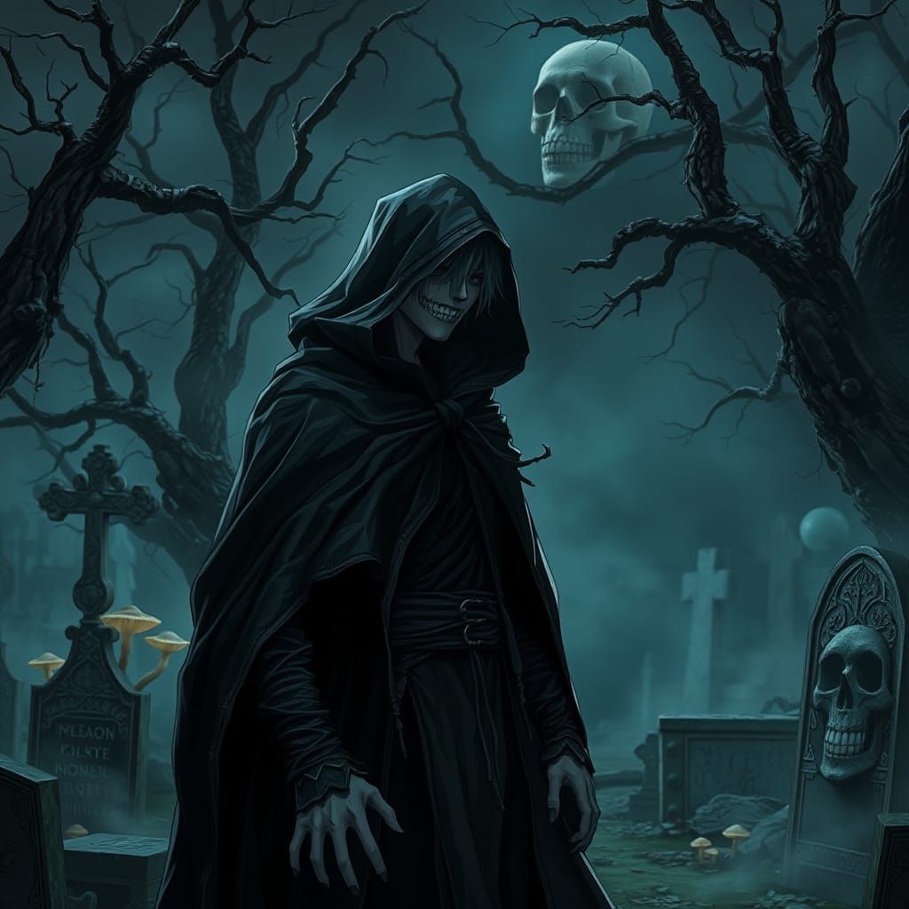 Eerie Anime Grim Reaper in Graveyard, Dark Fantasy Art