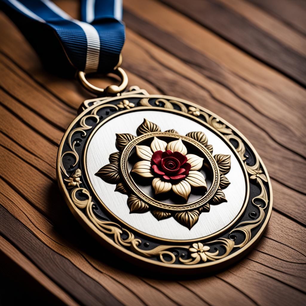 Steampunk Flower Medal on Wooden Table