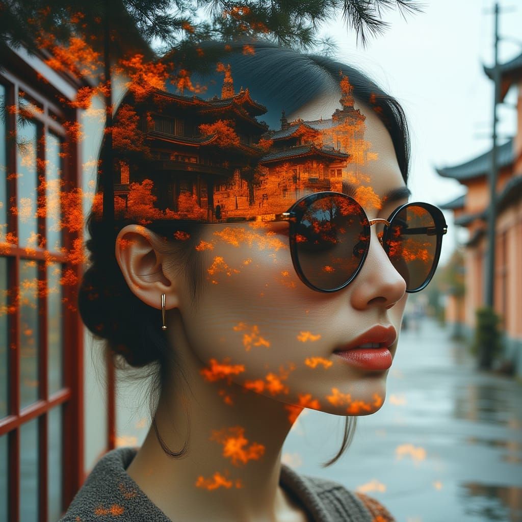 Cyberpunk Manga Double Exposure: Woman and Old House