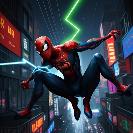Uranium-Powered Spider-Man in Neon Cityscape