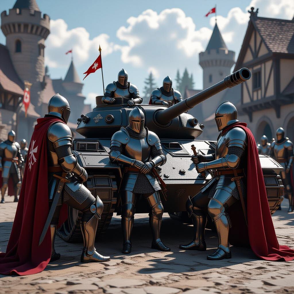 Medieval Knights Party Around Modern Tank