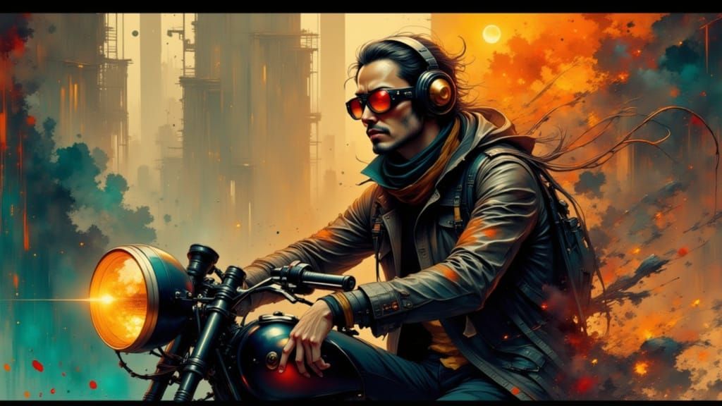 Philosopher on Motorcycle, Hyperrealistic Concept Art