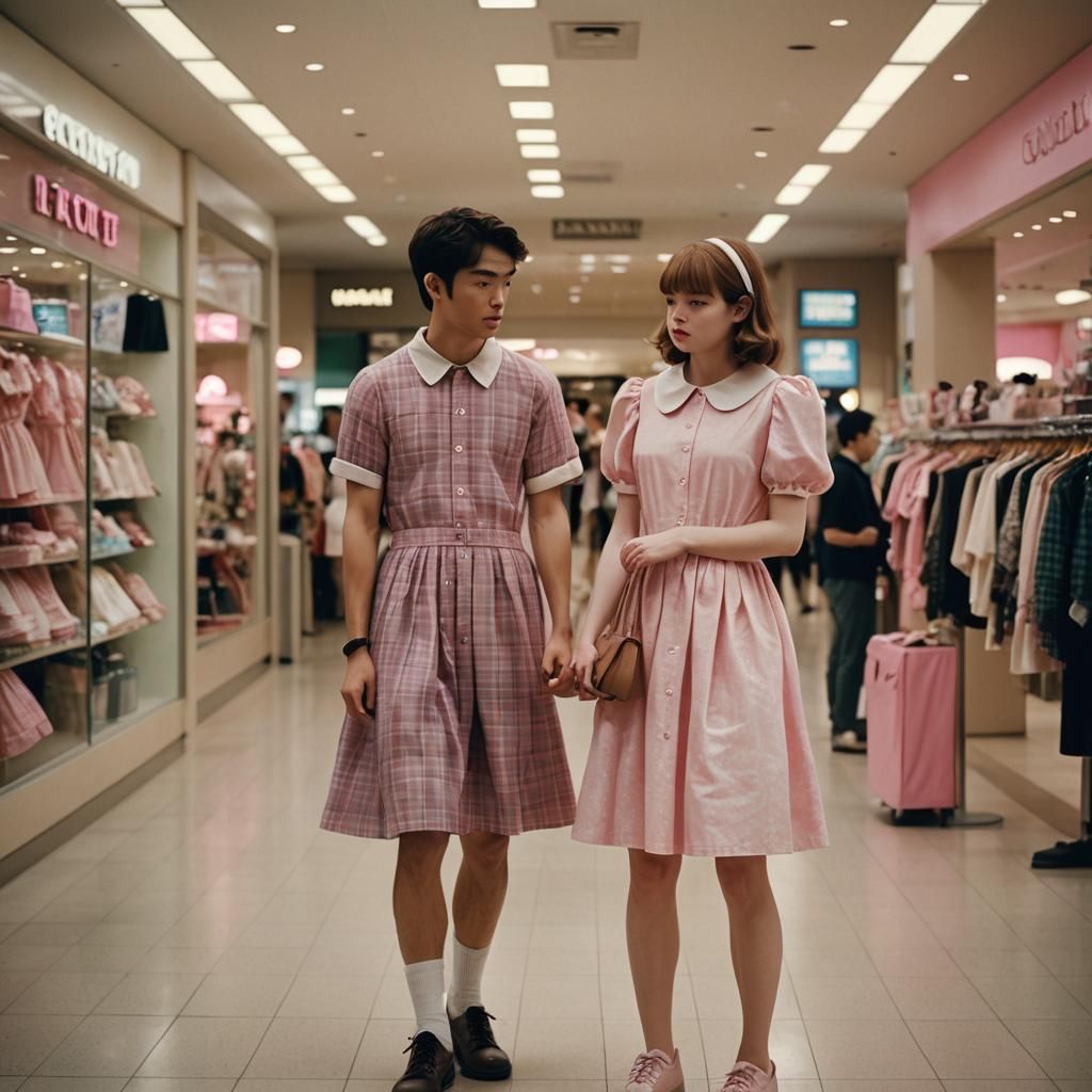 Boy Holds Babydoll Dress in Dreamy Mall Scene