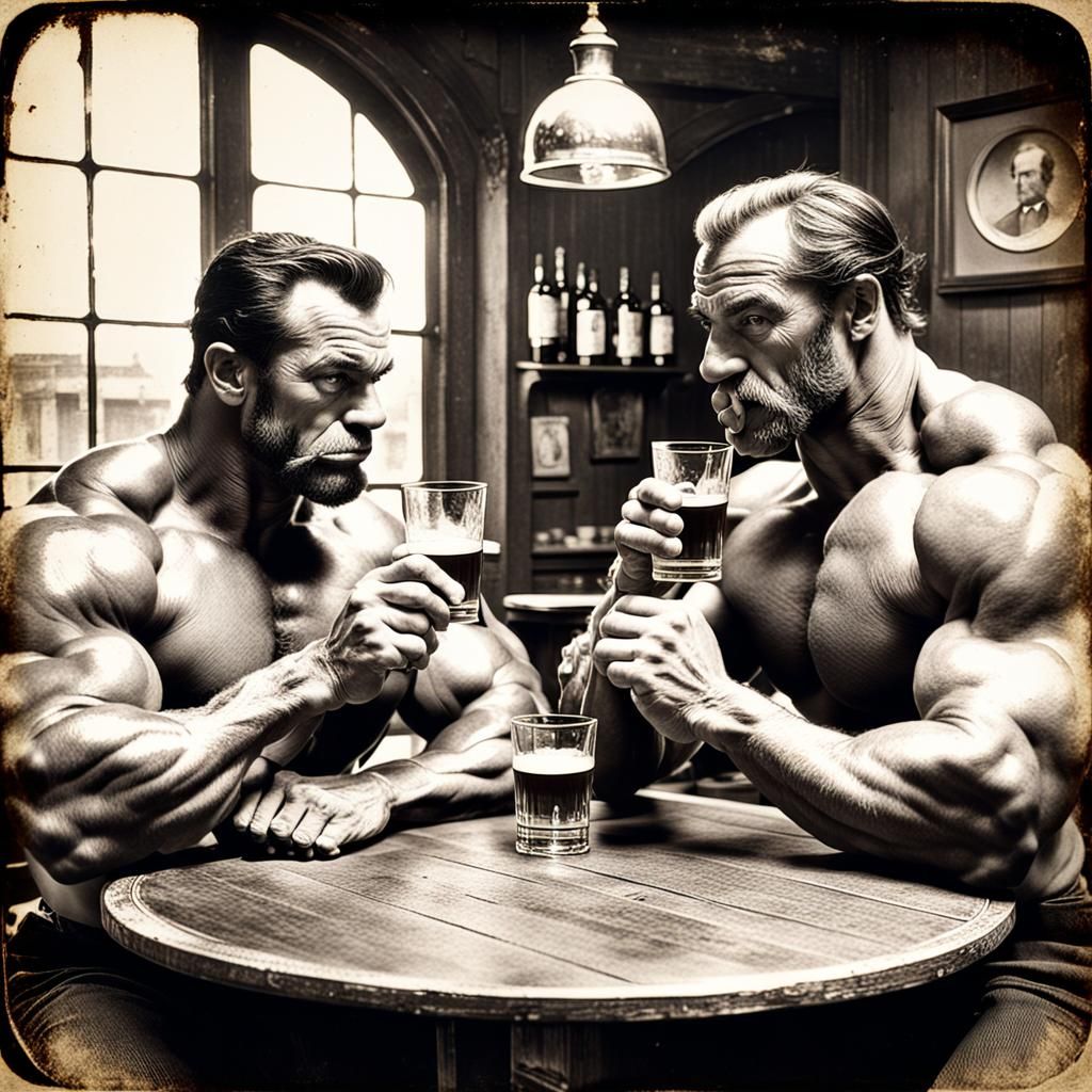 Bodybuilders in Cafe, Daguerreotype Style, Circa 1855