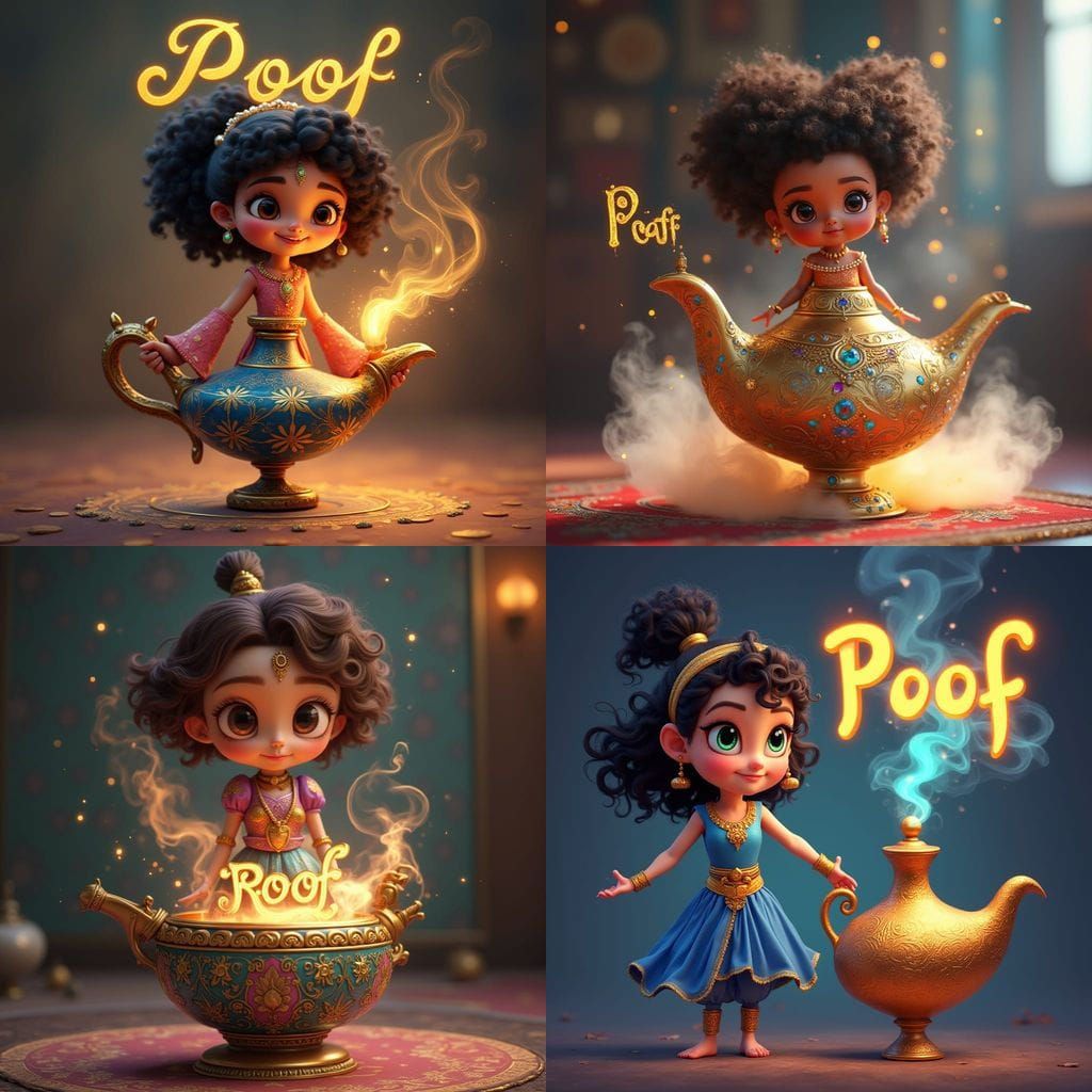 3D Illustration of a Disney Pixar style adorable little girl genie, appearing in a puff of smoke with the word “Poof” in...