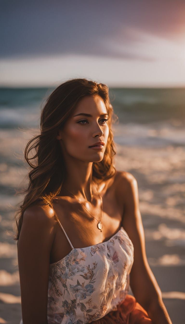 Serenely Seated Beach Beauty in Vibrant Sunset Colors