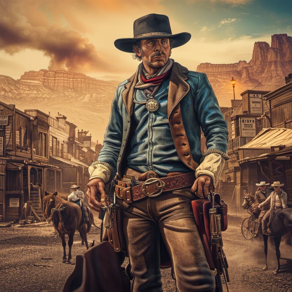 Cowboy Awaits Duel in Wild West City