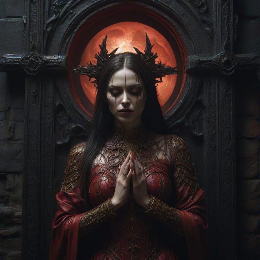 Woman Crucified Under Blood Moon in Gothic Surrealism Style