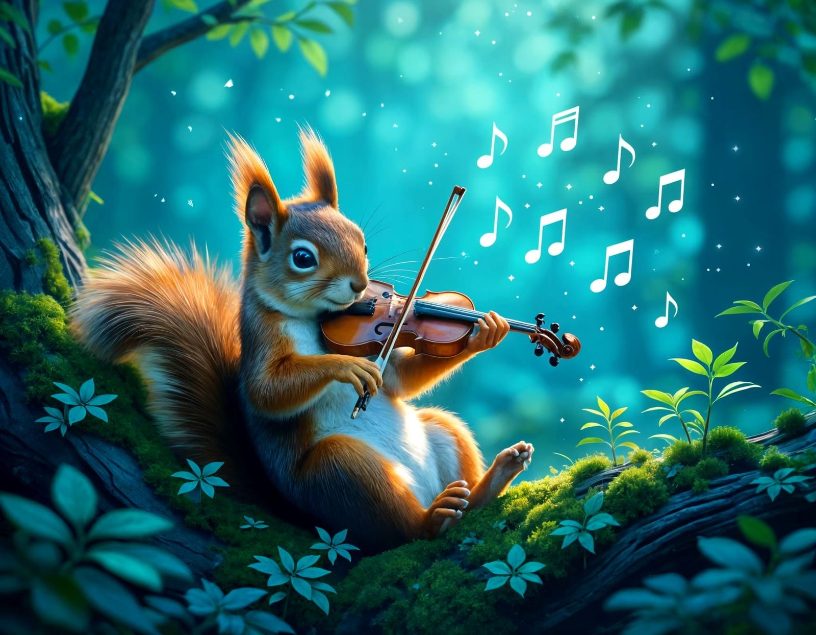 Cute Squirrel Plays Violin Under Starry Fantasy Sky
