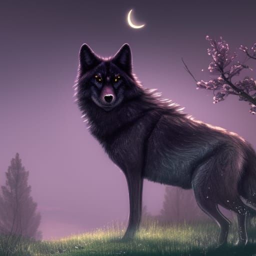 Green-Eyed Wolf Under Cherry Moon: Fantasy Art