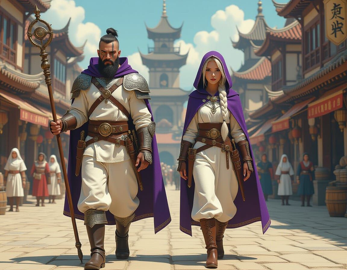 Guards Patrol Bustling City in Animated Film Style