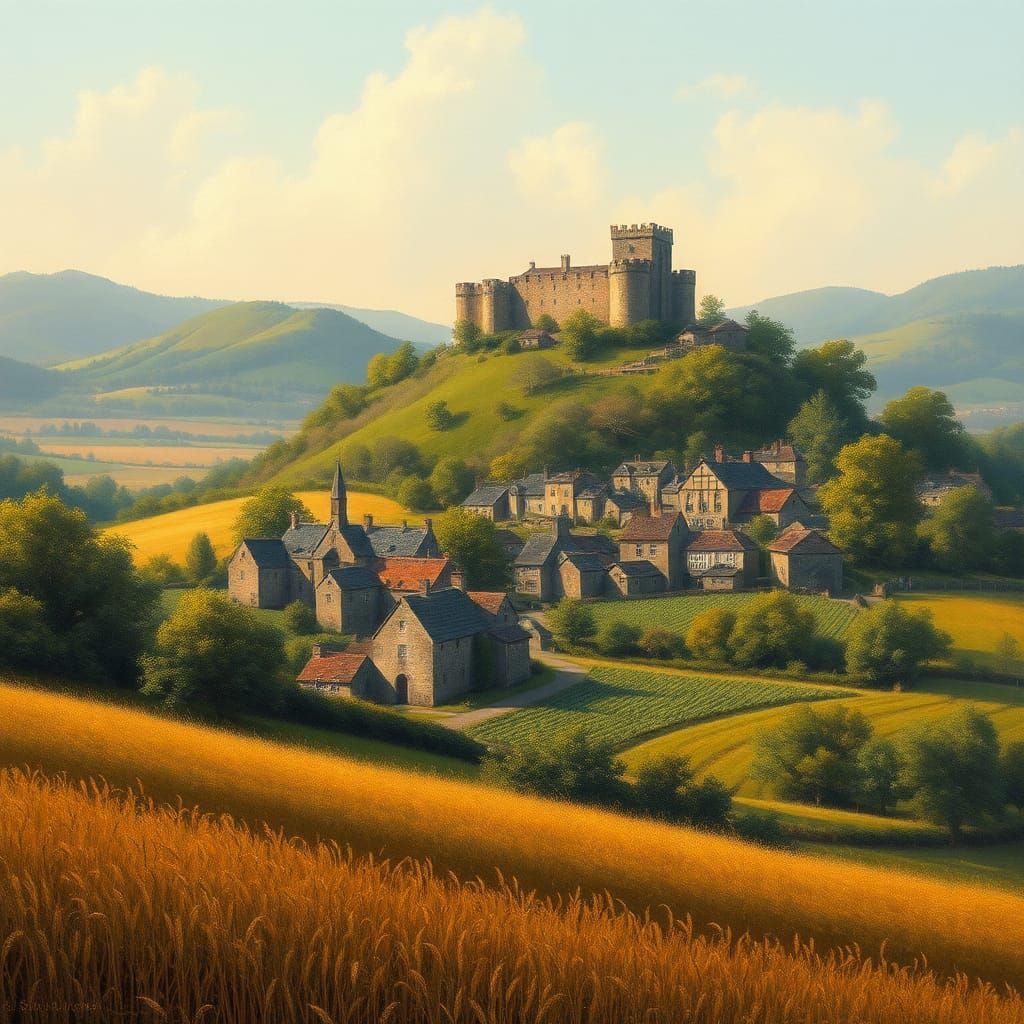 Idyllic Medieval Village Landscape Painting
