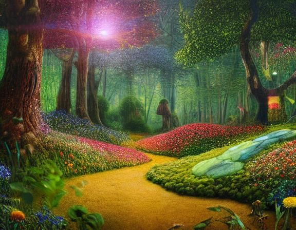 Sunset-Hybrid Woman in Magical Forest, Art Nouveau