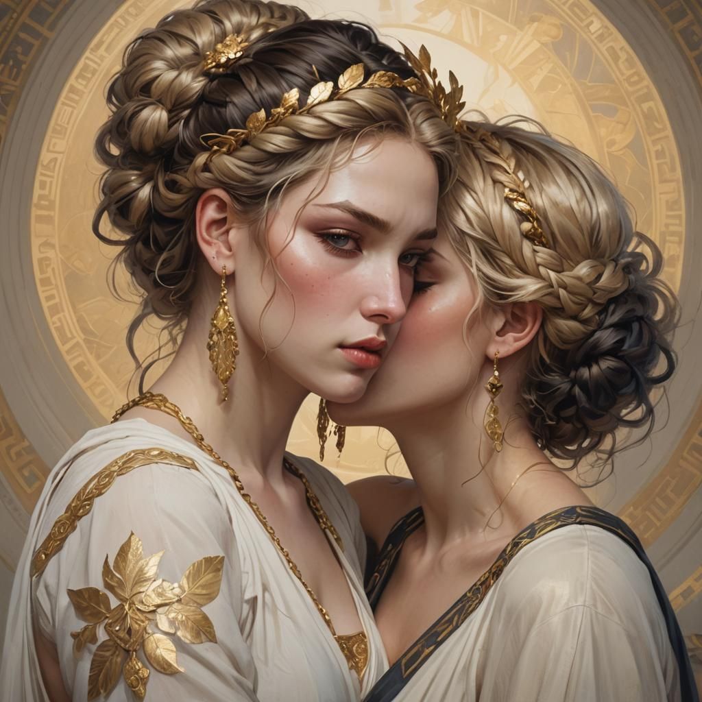 Two Greek Goddesses Kissing: Hyperdetailed Art Portrait