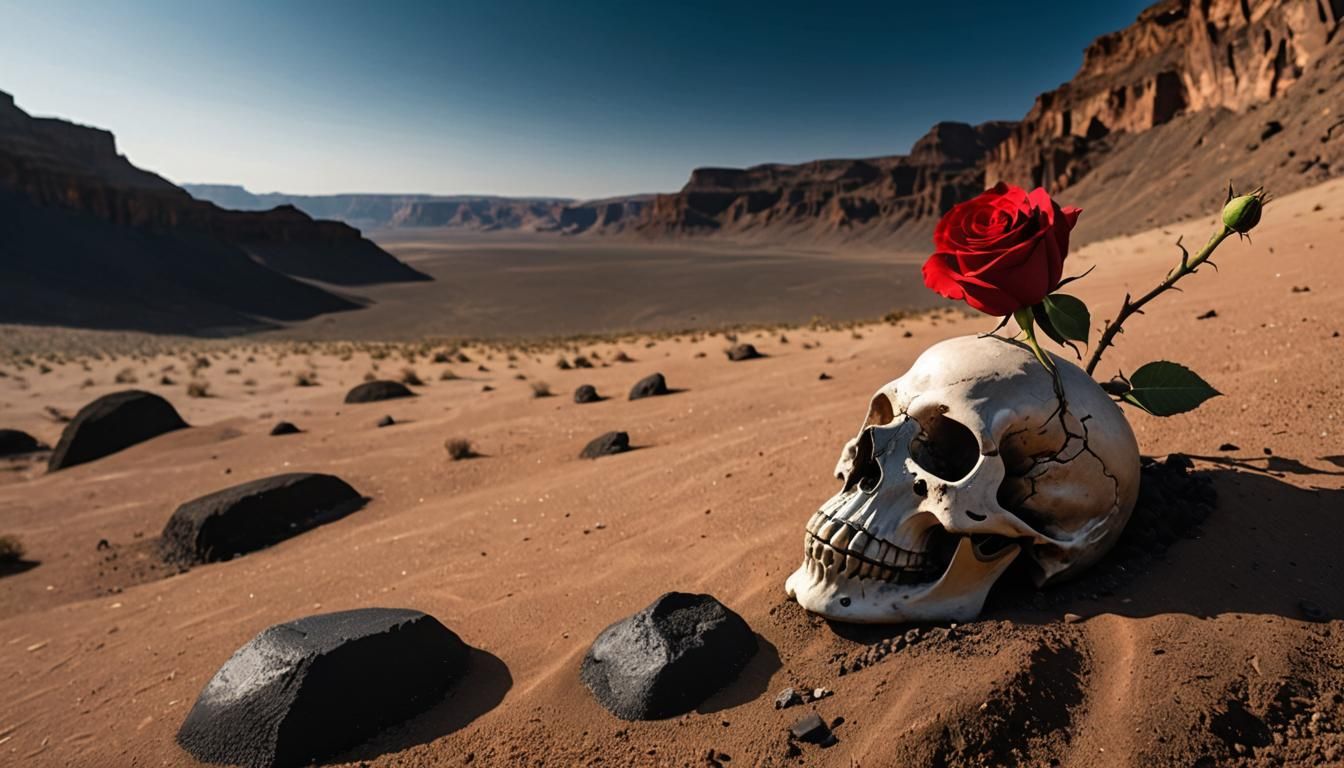 Rose Blooms from Skull in Arid Canyon