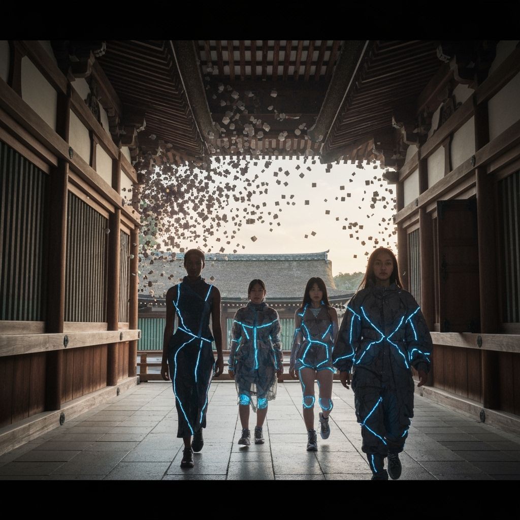 Cyberpunk Streetwear Models in Dissolving Kyoto Temple
