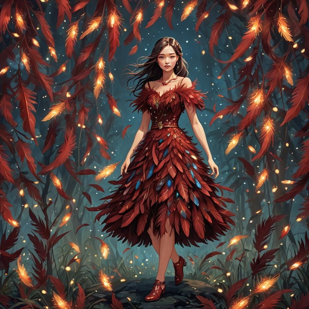 Woman's Feather Dress Illuminated by Fireflies