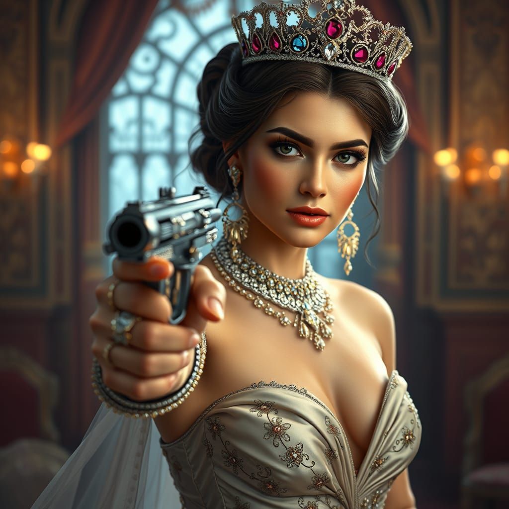 Elegant Princess Wields Pistol in Hyper-Realistic Portrait