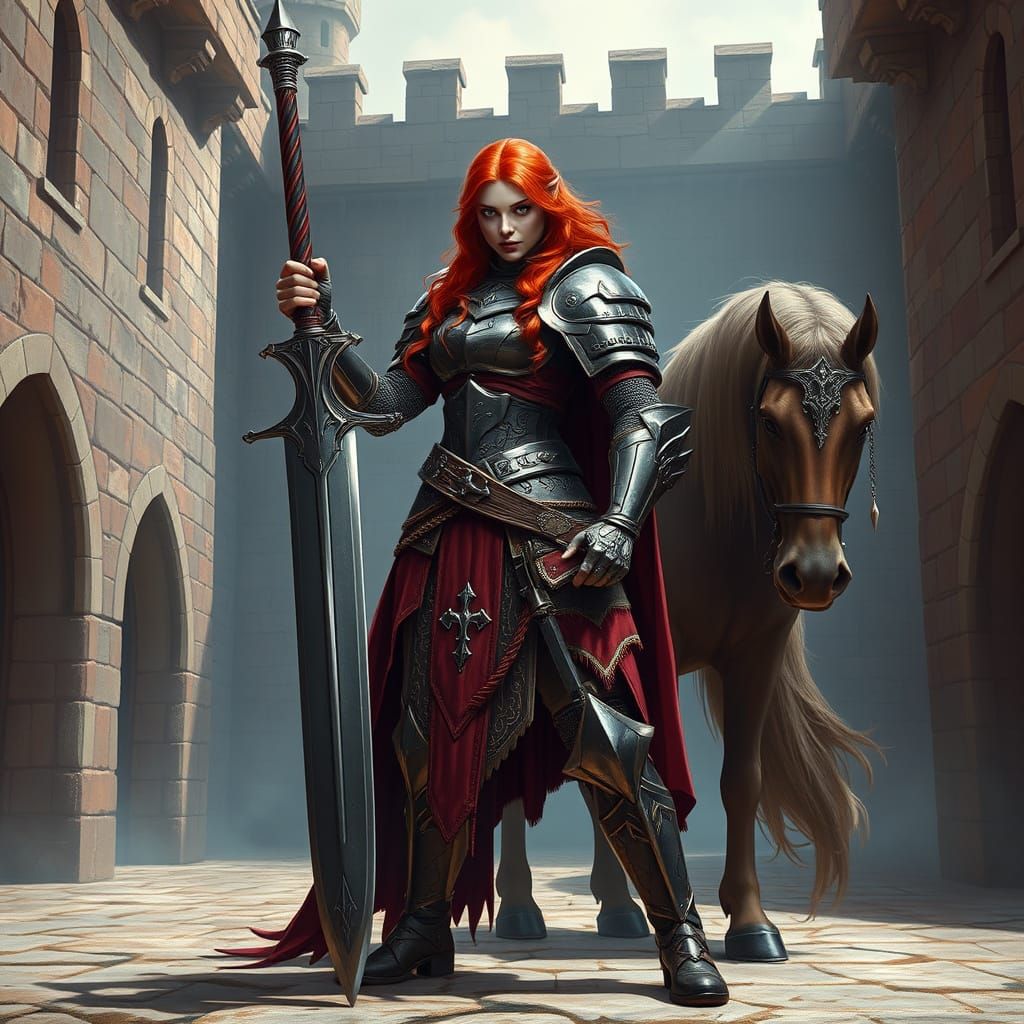 Red-Haired Warrior Woman with Lance and Steed