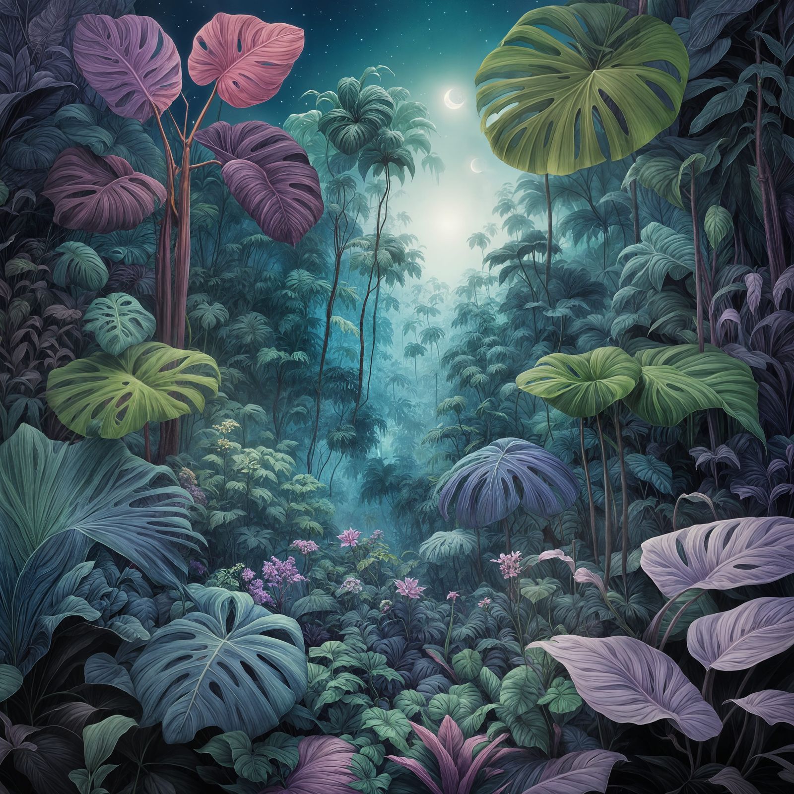 Lush Tropical Forest with Magical Moonlight