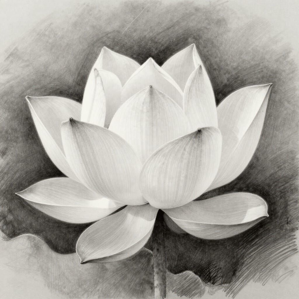 Hyperdetailed Charcoal Drawing of a Blooming White Lotus Flo...