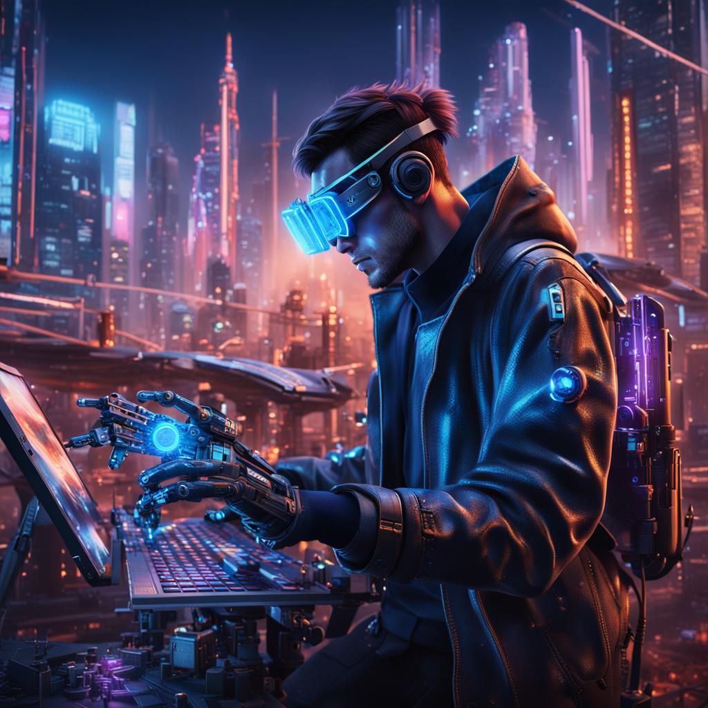 Cyberpunk Hacker in Futuristic City, Digital Art