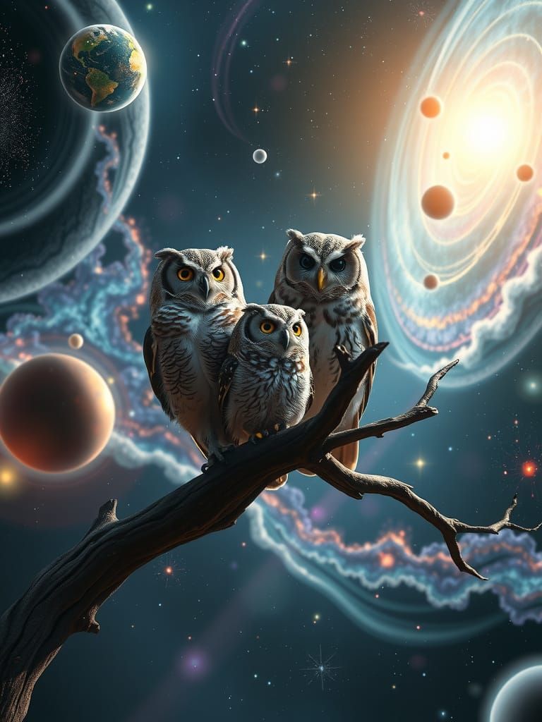 Mystical Owls in Cosmic Panorama