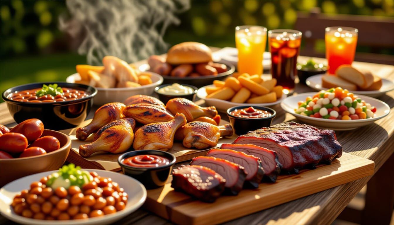 Abundant BBQ Feast on Rustic Table in Warm Sunlight