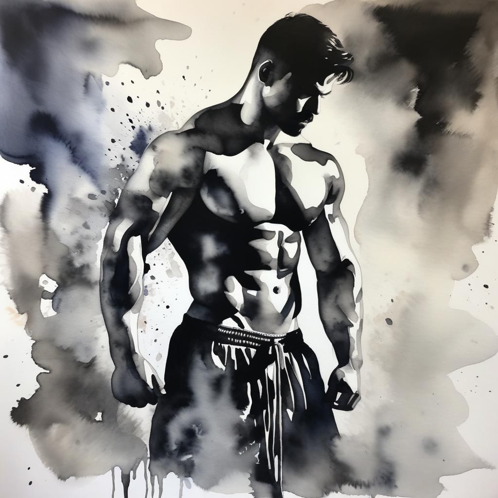Well-Muscled Man with Refractive Light in Watercolor