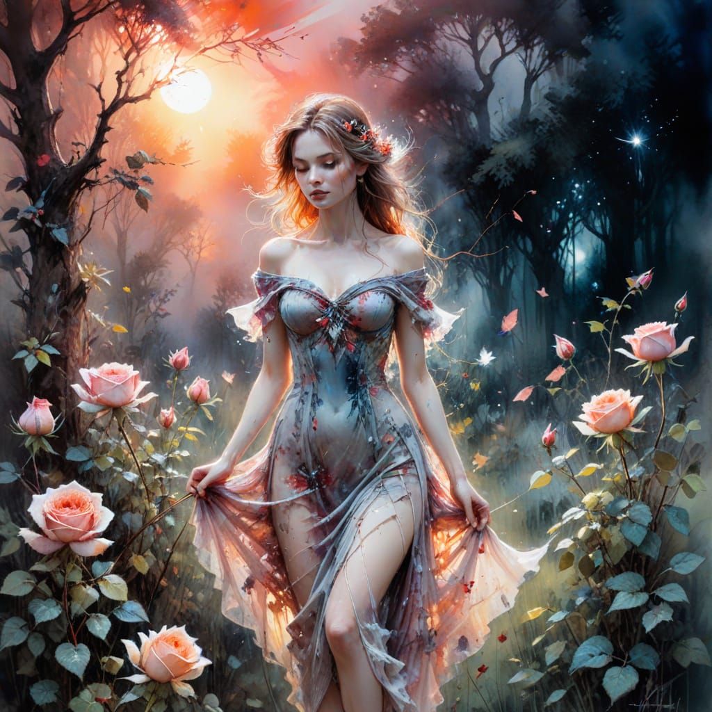 Moonlit Rose Garden in Whimsical Watercolour Style