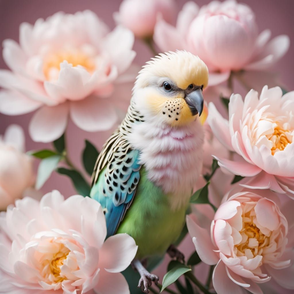 Pastel Budgerigar on Pink Peony - Macro Photography