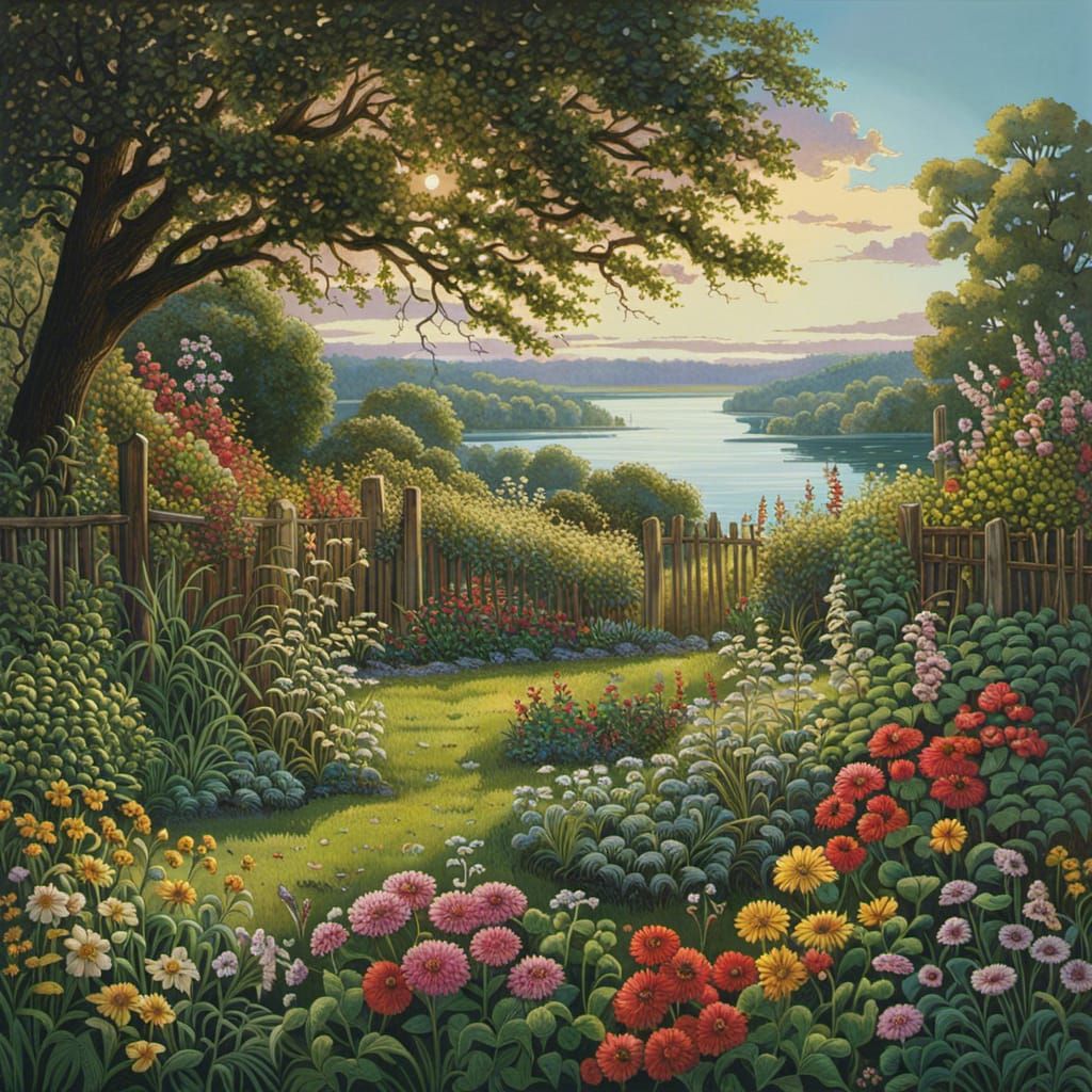 Sunlit Garden Scene with Distant Lake View