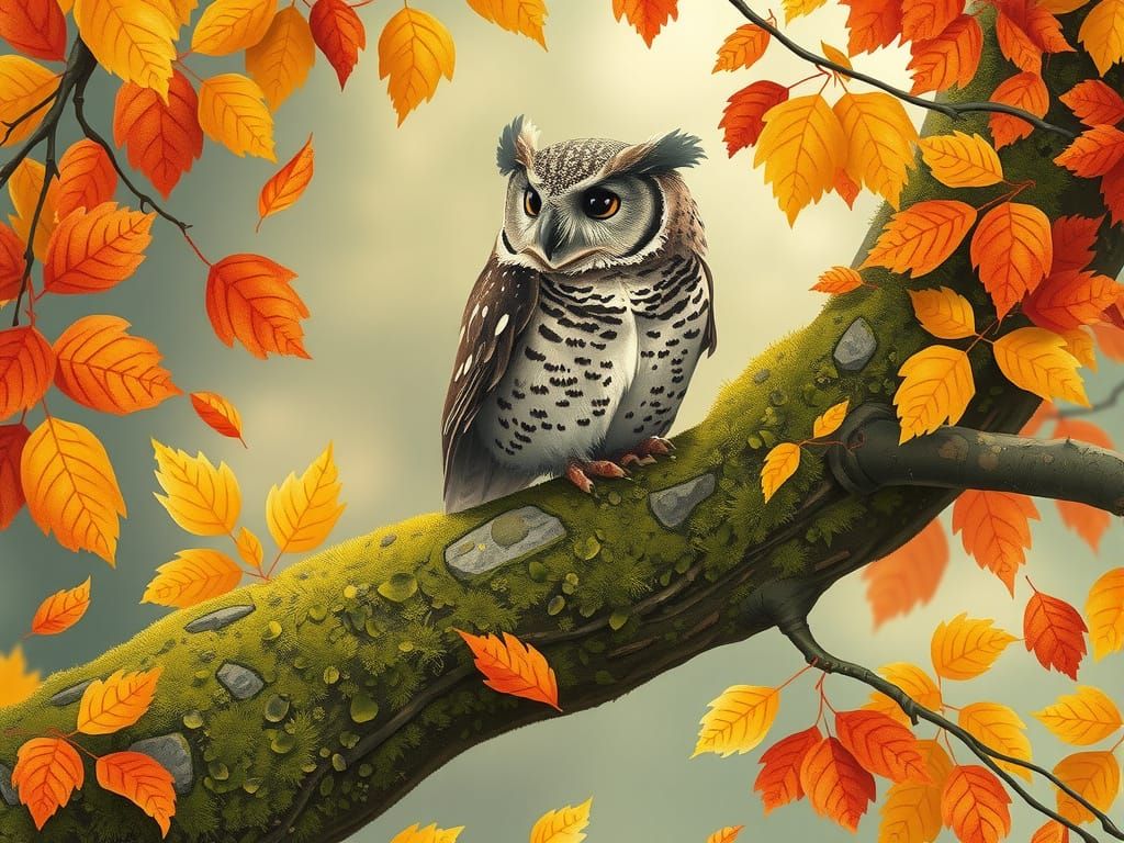 Whimsical Owl Illustration in Autumnal Scene