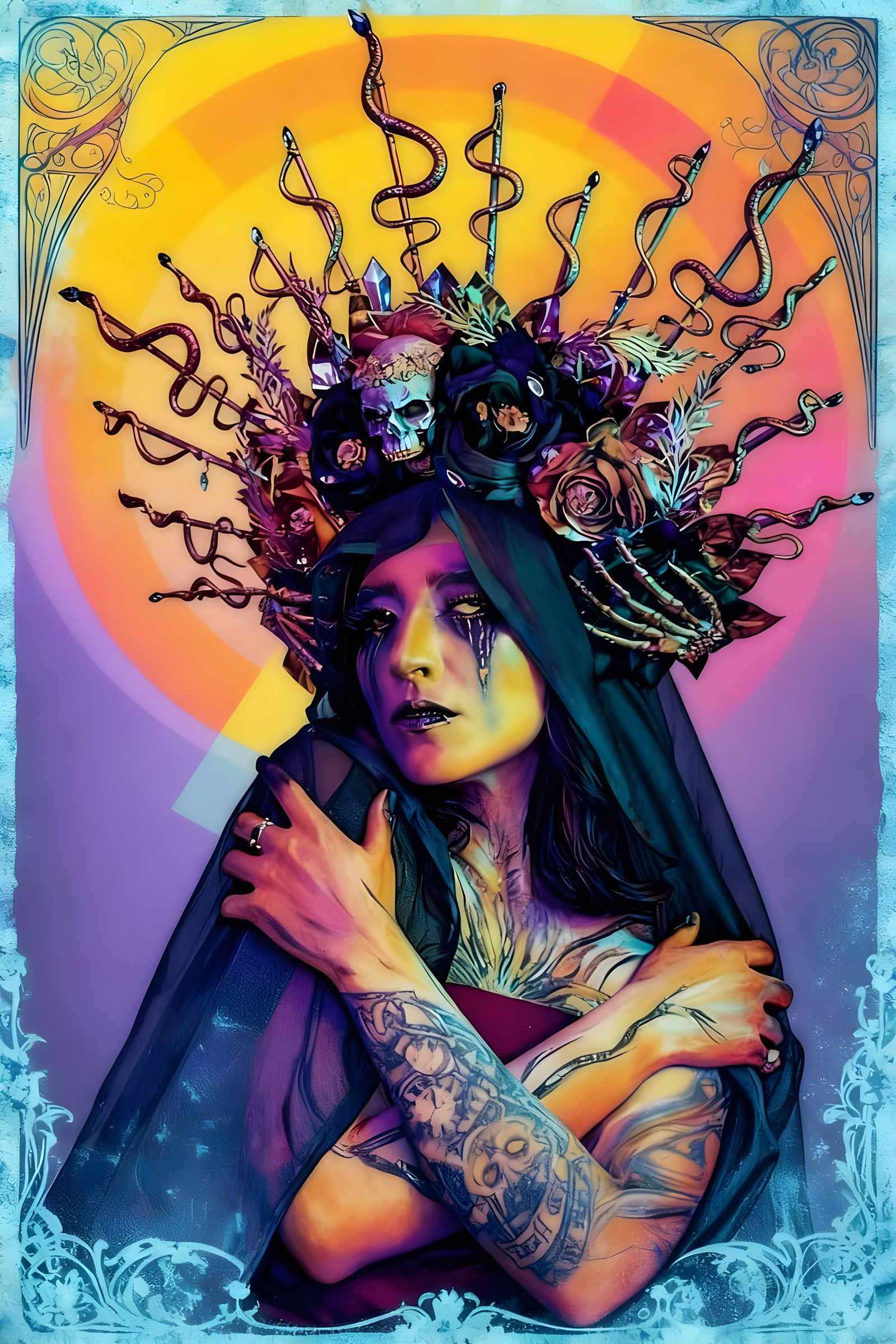 Psychedelic Riot Scene in Art Nouveau Style