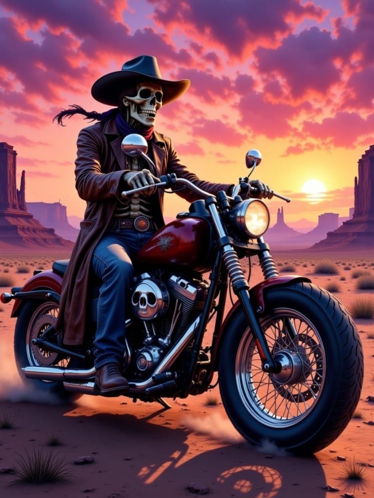 Undead Outlaw Skeleton Rides Haunted Desert Motorcycle