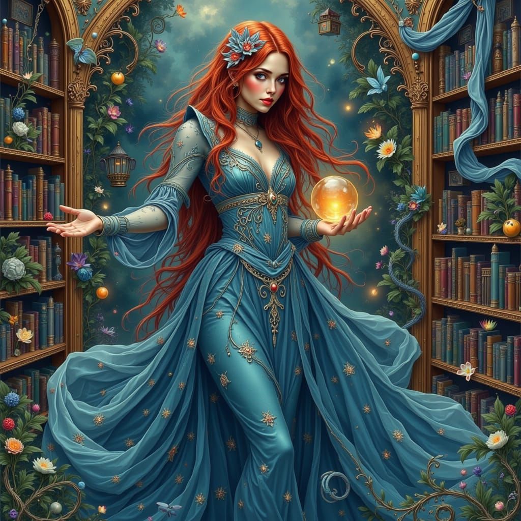 Ethereal Woman with Orb in Grand Library