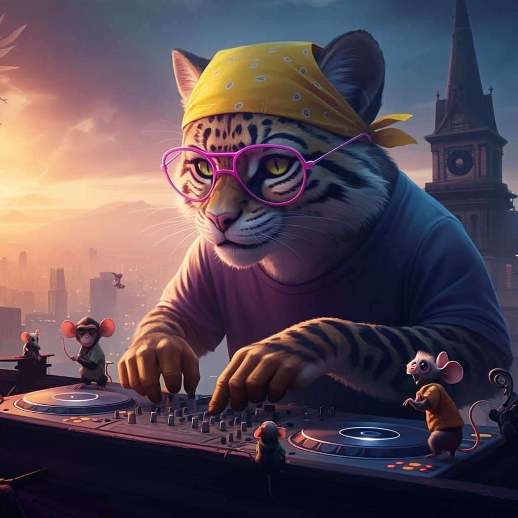 DJ Wildcat at Sunrise: Cartoonish Dark Fantasy Art