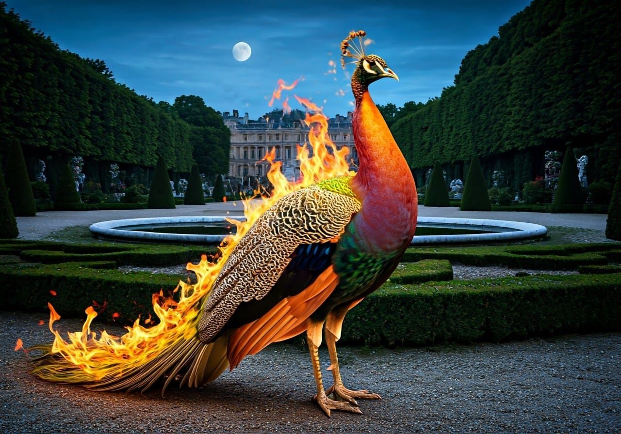 Fiery Peacock in Moonlit Versailles Gardens