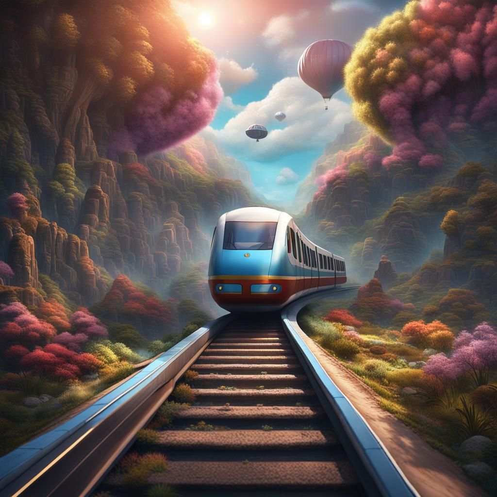 Monorail Travels to Enchanted Sky in Fantasy Art