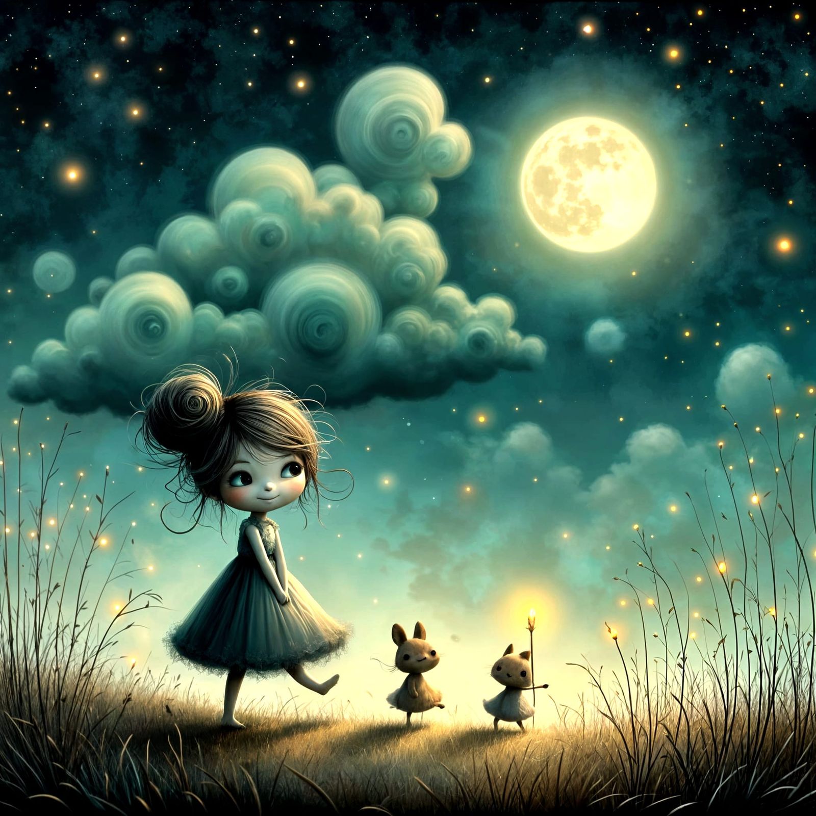 Gentle Cloud Giants in Moonlit Meadow