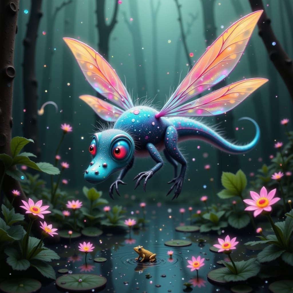 Iridescent Alligator-Dragonfly Hybrid Soaring Over Swamp