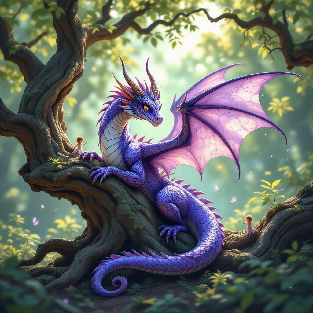 Amethyst Dragon in Enchanted Forest, Digital Art