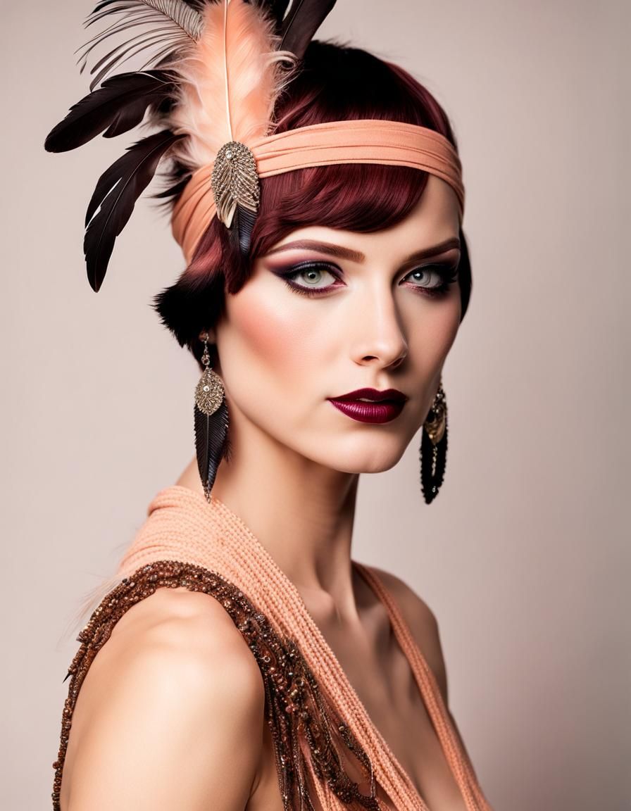 Flapper Fashion Model in Peach and Mahogany