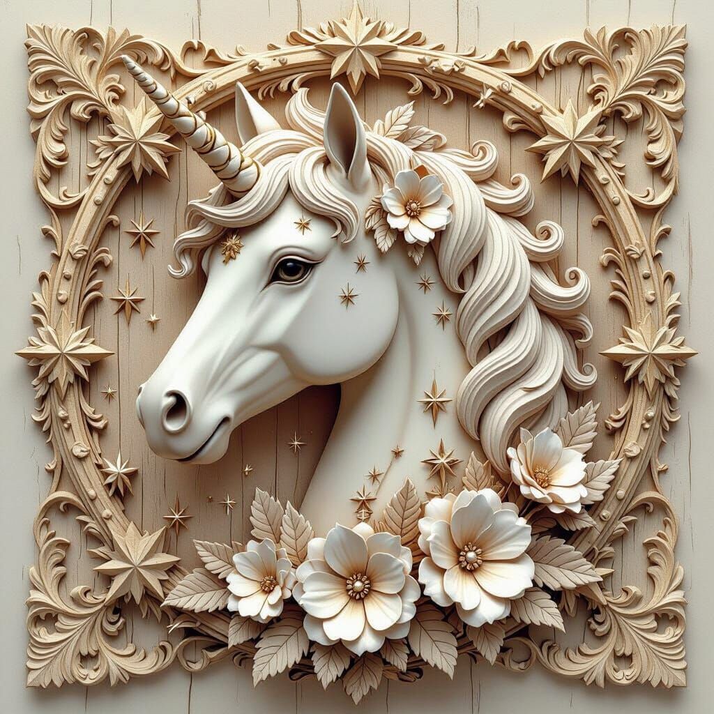 Faux Wood Carved Unicorn with Stars