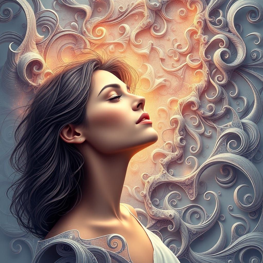 Ethereal Woman in Abstract Fractal Landscape