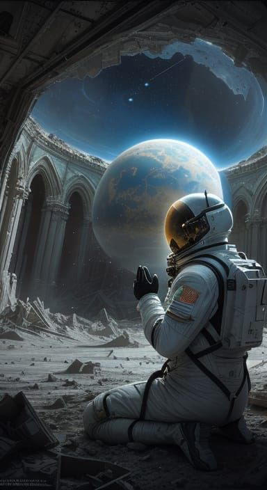 Astronaut in Ruined Lunar Cathedral, Shining with Earthly Li...